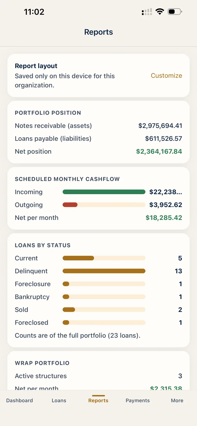 Published NoteHarbor Mobile reports screen in a realistic phone frame